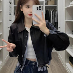 Vintage Patchwork Crop Jacket for Women Autumn Streetwear Splicing Pu Leather Outerwear Y2K Gothic Single Breasted Female Coat voguable