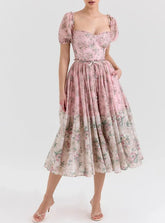 Fashion Pink Floral Contrast Color Dress Women's Square Collar Slim Fir Lace Up Waist Mid-calf Dresses Summer New 3A109 voguable