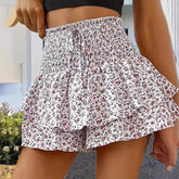 Voguable Fashion Florals Mini Skirt for Women Summer Casual Waist Shaping Ruffled Hem Short Skirt Woman Drawstring Wide Leg Half Skirts voguable