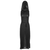 Wasteland Punk Dress y2k Women Solid Color Sleeveless Hollow Out Back Side Slit Hooded Dress 2000s Grunge Party Dresses voguable