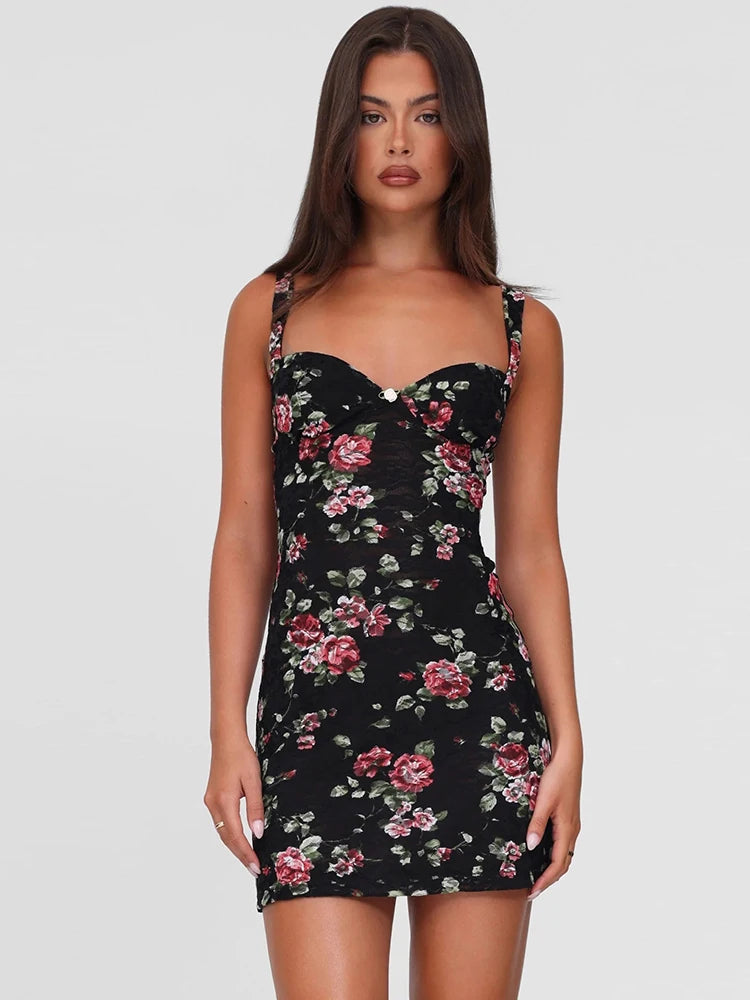 Jacquard Flower Print Dress Women Low-Neck Backless Sleeveless Sexy Midnight Club Fashion Beach Party Slim Mini Bodycon voguable