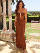 See Through Spaghetti Strap Sexy Maxi Dress For Women Gown Summer New Metal Buckle Sleeveless Backless Beach Long Dress voguable