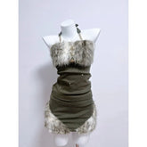Voguable Y2k Retro Hottie Two-piece Set American Subculture Fluffy Design Halter Vest Punk Harajuku Mini Skirt Women Street Sexy Clothing voguable