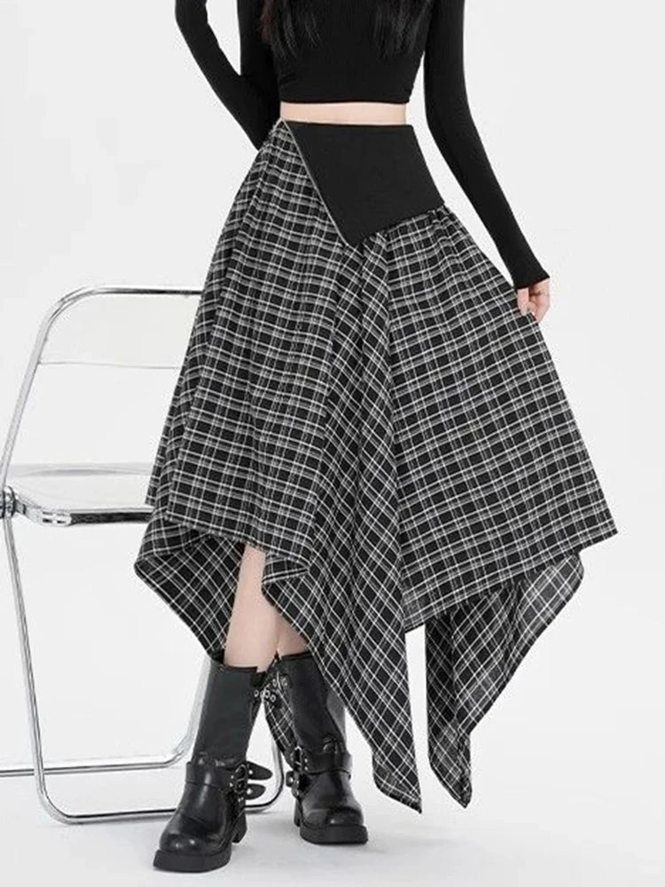 Y2K Streetwear Plaid Long Skirt Women High Waist Retro Hip Hop Irregular Skirt Fall Casual American Gothic Female Long Skirts voguable