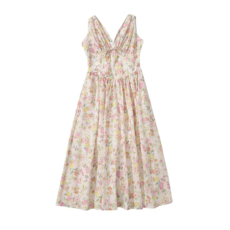 New Women Bow V Neck Floral Print Tank Summer Dress Sexy Sleeveless High Waist Elegant Holiday Party Dresses Midi Robe voguable