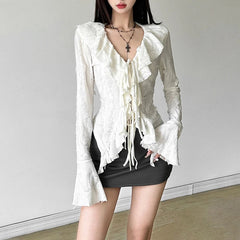 Fairycore Top White Clothes Women Gothic Ruffled V Neck Flared Long Sleeve Ripped Blouse Shirt y2k Aesthetic Clothing voguable