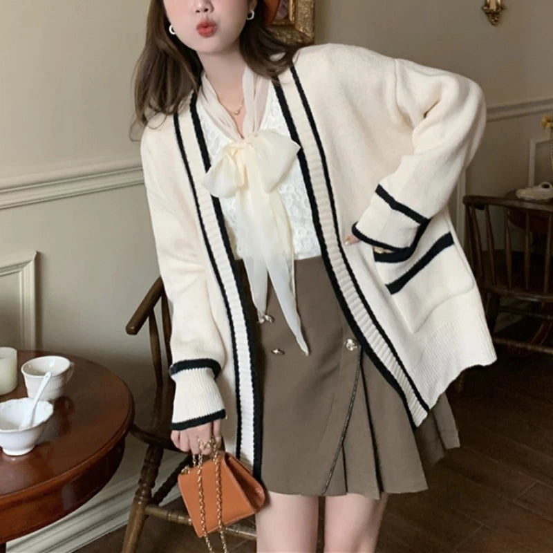 Varsity Cardigan Sweater for Women Open Front Slouchy Knitted Sweater Jacket Cardi Collaege Student Girl Fall Winter Outfit voguable
