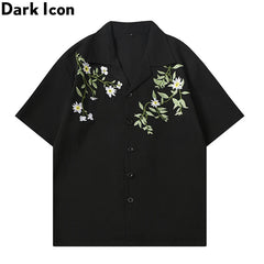 Dark Icon Embroidery Cool Material Men's Shirt Short Sleeve Hawaii Beach Shirts Black Beige voguable