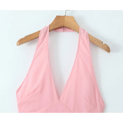 Sexy Backless Pink Halter Dress For Women Sleeveless A-line Midi Party Dresses Summer Robe