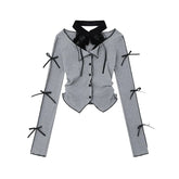 Voguable Gentle Spice Girls Lace Halter T-shirt Knit Long Sleeve Bow Pure Desire Crop Top Slim Short Patchwork Streetwear Tshirts voguable
