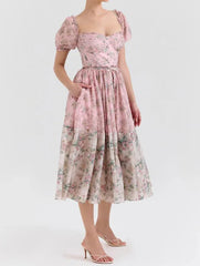 Fashion Pink Floral Contrast Color Dress Women's Square Collar Slim Fir Lace Up Waist Mid-calf Dresses Summer New 3A109 voguable