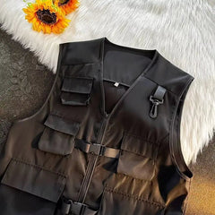 Voguable Japanese Cargo Multi Pocket Camisole Vest Cardigan for Men's Summer Oversized Tank Top Punk Streetwear Zipper Waistcoat voguable