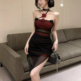 Voguable 3D Floral Women Strapless Dress Fashion Hotsweet Halter Sleeveless Sexy Mini Dress Mesh Patchwork Irregular Slim Female Dress voguable