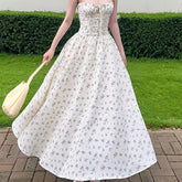 YENKYE Elegant Women French Style Lace Trim Floral Print Sling Long Dress Sexy Thin Straps A-line Summer Dresses Holiday Robe voguable