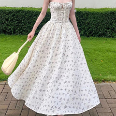 YENKYE Elegant Women French Style Lace Trim Floral Print Sling Long Dress Sexy Thin Straps A-line Summer Dresses Holiday Robe voguable