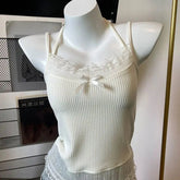 Lace Splicing Bow Ank Top Women Summer Sleeveless Crop Off Shoulder Spaghetti Strap Halter Neck Lace Up Casual Slim Fit Camis voguable