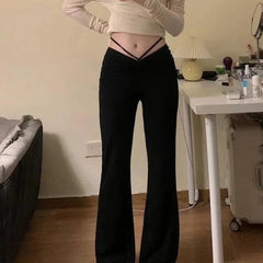 Spring and Autumn High-waist Design Drawstring Long Trousers for Women Slimming Draped Black Floor Wide-leg Bell-bottom Pants voguable