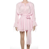 Voguable 3D Floral Ribbons Sweet Pink Elegant Women Ruched Summer Dresses Fashion O-Neck Flare Sleeve Drawstring Party Prom Dress voguable
