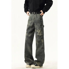 NEW Jeans Leopard Personality design Pockets Wide Leg Jeans Male American Style High Street Denim Pants Classic Denim Trousers