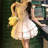 Voguable French Style Women's Dress Flying Sleeve Summer Patchwork Lace Short Dress Princess Ball Gown Girl Party Dress voguable