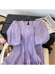 Voguable Summer Women's Purple Short Bubble Sleeve Round Neck Elegant Dresses Spring Casual Loose Mini Dresses Ladies Clothing voguable
