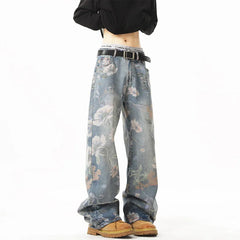 NEW JEANS American hip-hop men and women trendy retro floral print straight leg jeans couples loose wide leg casual pants