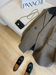 Houndstooth Faux Wool Blazer Women Autumn Korean Loose Double-Breasted Casual Coat Y2K Female Long Sleeve Lapel Suit Jacket new voguable