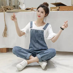 Voguable Washed Denim Jumpsuit Women Casual High Waist Blue Wide Leg Pants Female 2024 Spring Korean Loose Pockets Jean Overalls voguable