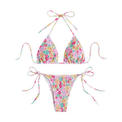 Voguable Women Swimwear 2024 Summer Floral Print Halter Neck Padded Bra and Low Waist Briefs Two Piece Bikini Set Beachwear voguable