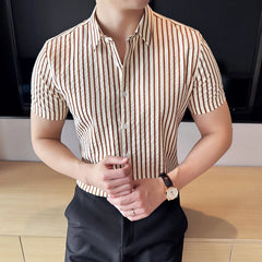 Men Striped Shirt 2024 Summer Light and Thin Breathable Sweat Absorbing Short Sleeved Slim Fit Casual Pleated Shirt Men clothing voguable