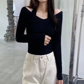Voguable V-neck Halter Neck Sweater Women Slim Long Sleeve Autumn Design Korean Fashion Casual Top voguable