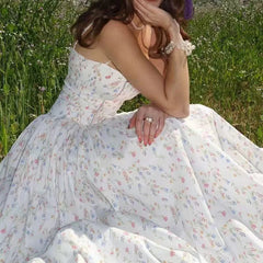 French Elegant Flower Prints Camis Dress Women Summer Sexy Spaghetti Strap A Line Dress Lady Fashion Slim Pleated Party Vestidos voguable