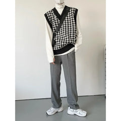 Autumn Men Clothing V-neck Houndstooth Knitted Sweater Vests for Men Korean Fashion Loose Casual Sleeveless Men's Pullover Vest voguable