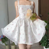 Sweet Girl Floral Print Princess Mini Dress Women Sexy Sleeveless Low Waist A-line Elegant Princess Dress Croset Tie Robe voguable