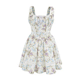 Floral Print Tank Mini Dress Women Lace Spliced O Neck Sleeveless A-line Holiday Casual Summer Dresses Party Robe voguable