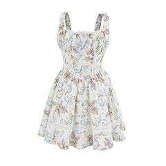 Floral Print Tank Mini Dress Women Lace Spliced O Neck Sleeveless A-line Holiday Casual Summer Dresses Party Robe voguable