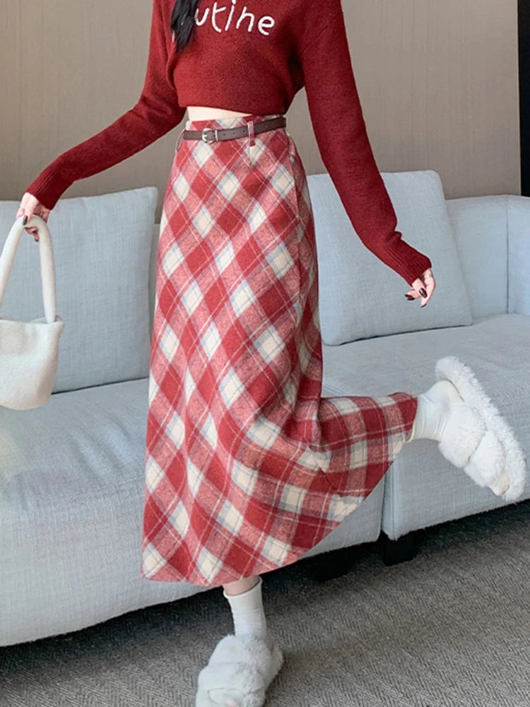Faux Woolen Plaid Long Skirt Women Vintage Slim High Waist Back Slit Belt Skirts Korean Fall Winter Elegant Long Skirts New voguable