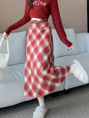 Faux Woolen Plaid Long Skirt Women Vintage Slim High Waist Back Slit Belt Skirts Korean Fall Winter Elegant Long Skirts New voguable
