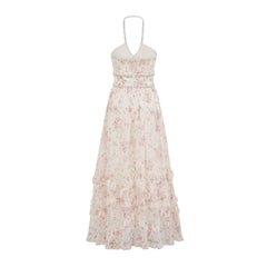 Fashion Purple Floral Pearl Studded Diamonds Dress Women's Halter Slim Fit Ankle-length Dresses Summer New 3A103 voguable