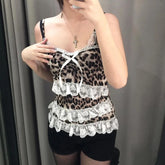 Voguable Y2K Leopard Print Lace Ruffle Patchwork Camis Brown Coquette Aesthetic Slim-fit Bow Tank Tops Cute Fairycore Vest Cute voguable