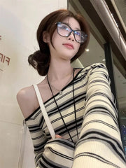 Korean Vintage Off Shoulder Striped Top Women 100% Ribbed Cotton Long sleeve T shirt Spring Autumn Basic Tees 2025 New voguable