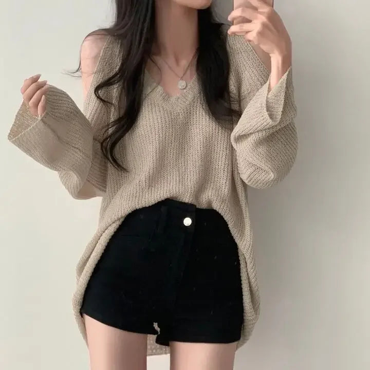 Sexy Off Shoulder Sweater Women V Neck Long Sleeve Thin Knitwear Korean Oversized Loose All Match Casual Female Pullovers New voguable