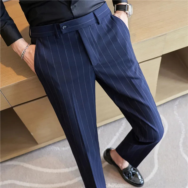 Men's Striped Suit Pants Elastic 2024 Autumn New Social Casual Trousers Slim Fit Suit Pants Business Office Wedding Men Clothing voguable