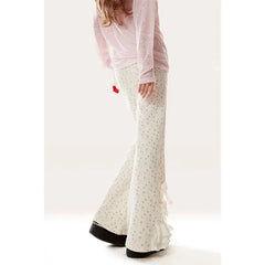 Bow Lace Floral Trousers for Women in Spring and Autumn New Casual Trousers Slim Pants for Daily Korean voguable