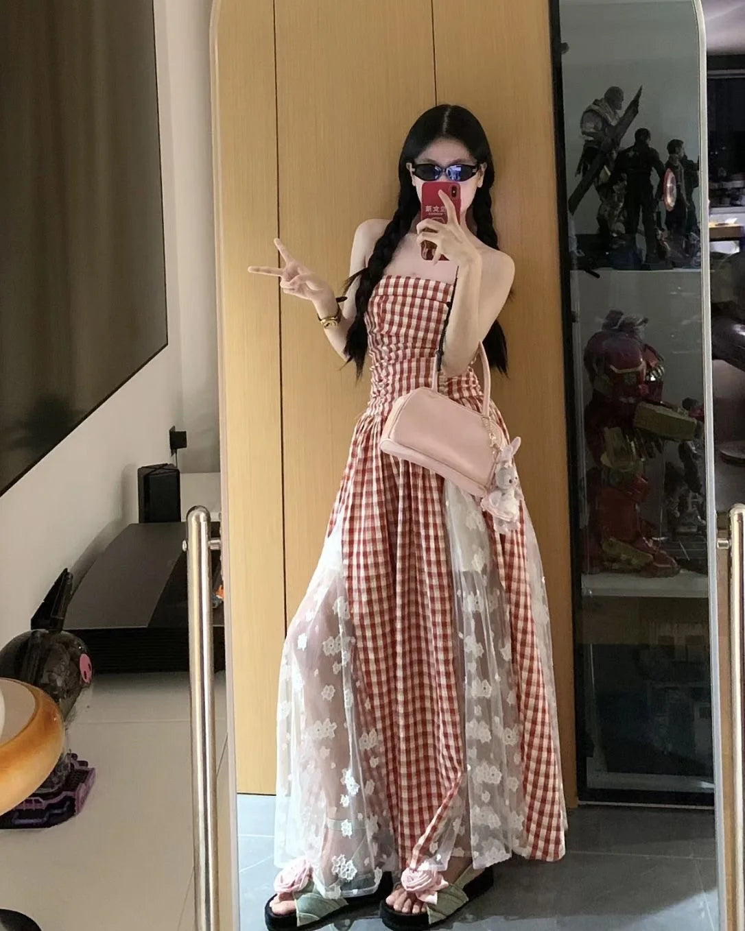Voguable Retro Strapless Long Dress Summer Patchwork Lace Dress Slim Women Sleeveless Striped Casual Dress voguable