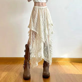 Voguable Lace Asymmetrical Skirt Fairycore Women Vintage Y2K Boho Aesthetic Fashion High Waist Mid Skirts Lady Holiday Mesh A-Line Skirt voguable