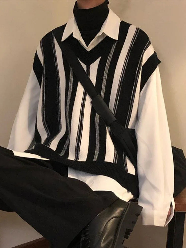 Knitted Sweaters for Men Y2k Vintage Waistcoat Man Clothes Striped Sleeveless Vest Aesthetic Black Korean Fashion Casual Cotton voguable