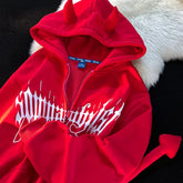 Voguable Dark Designer Devil Horn Tail Zip Up Hoodies Jackets Teenage Y2K Top Goth Print Oversized Sweatshirt Loose Casual Winter Clothes voguable