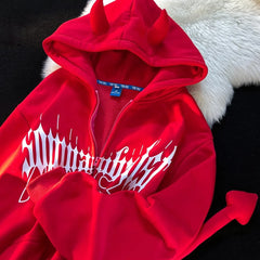 Voguable Dark Designer Devil Horn Tail Zip Up Hoodies Jackets Teenage Y2K Top Goth Print Oversized Sweatshirt Loose Casual Winter Clothes voguable