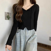 Voguable Autumn Winter French Clavicle V-neck Inner Long-sleeved Knitted Base Shirt for Women's Chic Slim Short Top voguable